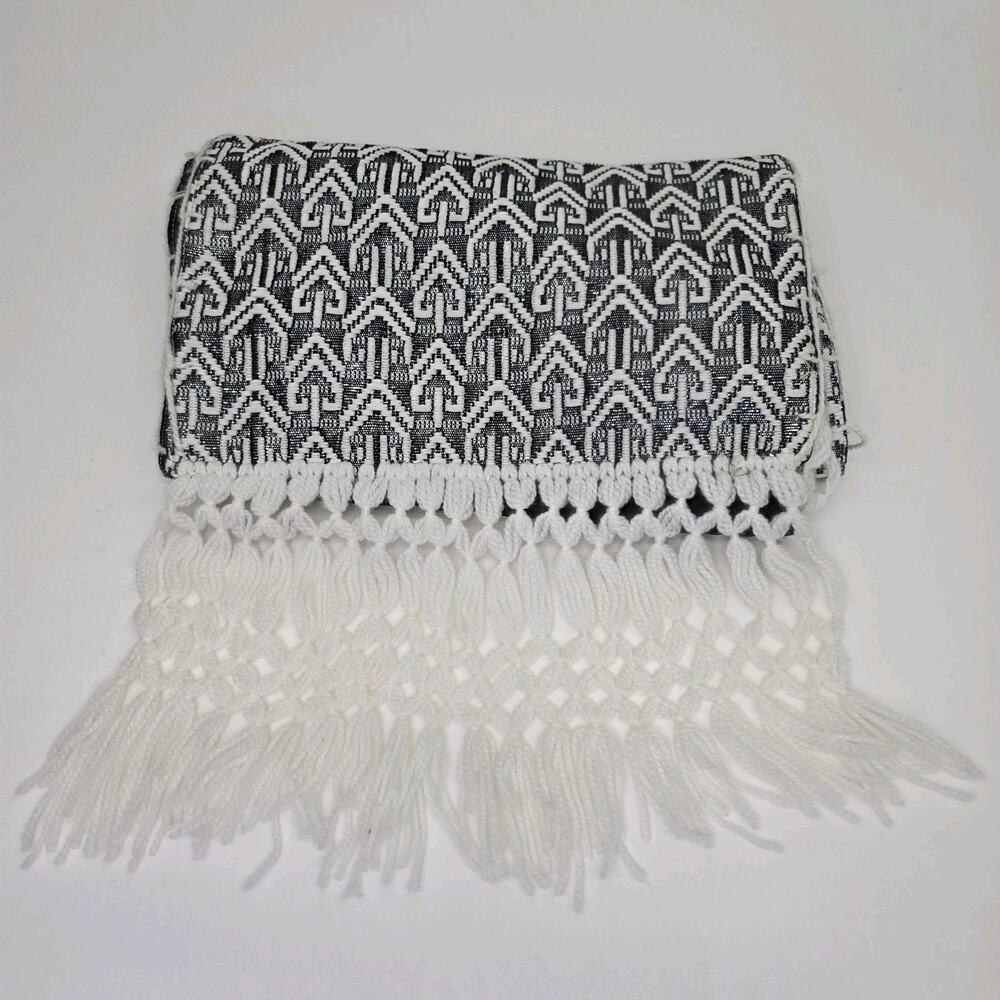 Vintage Lanza Mex Wool Cotton Black Silver White Shawl Bed Table Runner 62"x15"